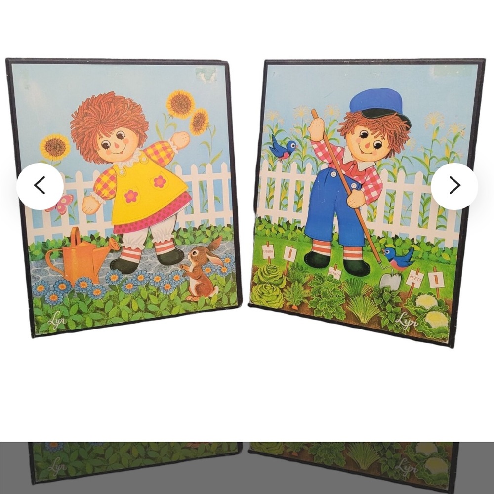 Raggedy Ann Andy Pictures Decorative Wood Wall Hanging Plaque Bundle 2 Vtg